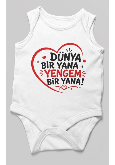 Morivokids Dünya Bir Yana Yengem Bir Yana Sıfır Kol Bebek Zıbını %100 Pamuk Beyaz
