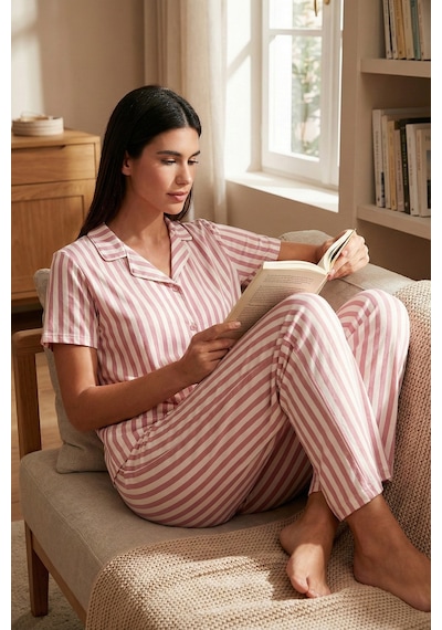 Lela Desenli Regular Fit Gömlek Yaka Bayan Pijama Takımı 65750101 Pudra