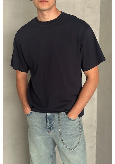 Hyman Erkek %100 Pamuk Oversize Basic T-shirt Lacivert
