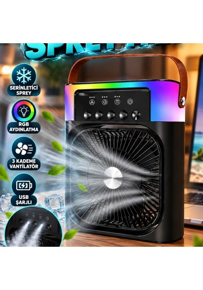 Taşınabilir Masaüstü Sprey Fan Usb Şarjlı Rgb Aydınlatmalı Mini Serinletici