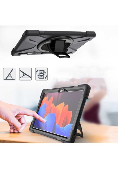Galaxy Tab Active 3 T577 Uyumlu Tam Koruma Defender Askılı 360 Dönebilir Standlı Zırh Tablet Kılıfı Korumalı Kapak