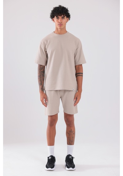 Rowinger Waffle Dokulu Oversize T-shirt Ve Şort Erkek Takım Beıge