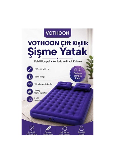 Çift Kişilik Şişme Yatak Dahili Pompalı 203x152x22 Cm 2 Yastıklı Evimdeyokyok Çok Renkli