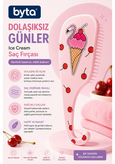 Ice Cream Desenli Saç Fırçası Dolaşık Açıcı, Yumuşak Uçlu Ergonomik Günlük Tarama Fırçası