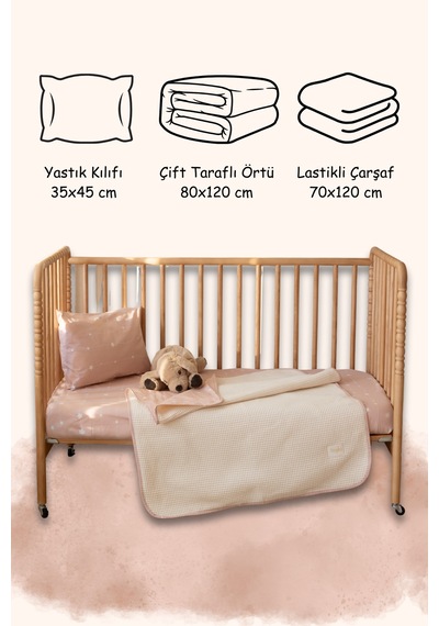 Esti Baby Bebek & Çocuk Uyku Seti 3'lü Pike Takımı 70x120 CM Lastikli Çarşaf - Örtü - Yastık Kılıfı