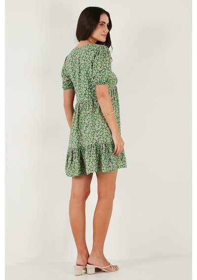 Lela Regular Fit V Yaka Balon Kol Desenli Mini Bayan Elbise 67810045 Yeşil