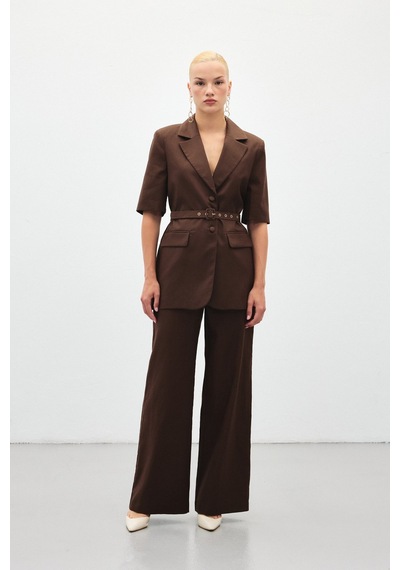 Sateen Bol Paça Keten Pantolon - Kahve-136410 Kahve