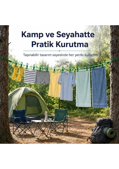 Sogud Çamaşır Asma İpi, 12 Mandallı Portatif Seyahat Çamaşır İpi, Taşınabilir Elastik Kurutma Askısı, Kamp Diğer