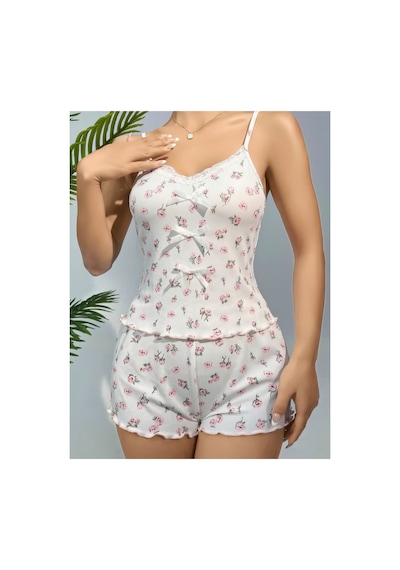 Lily Bianca Nightwear Çiçek Desenli Penye Gecelik Beyaz