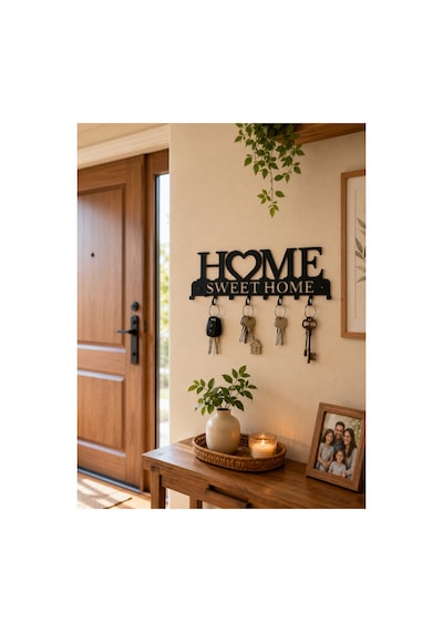 Dekoratif Metal Anahtarlık Askılığı Home Sweet Home Duvar Tipi Anahtar Tutucu 10 Kancalı Anahtarlık Siyah Anahtarlık