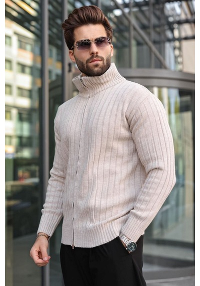 Madmext Taş Rengi Çift Fermuarlı Slim Fit Çizgili Erkek Triko Hırka E7522