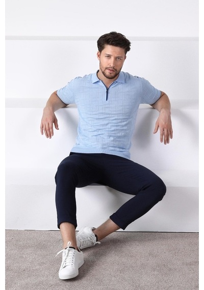 Ferraro Mavi Polo Yaka Fermuarlı Erkek Pamuk Triko T-Shirt-Mavi (417942224) Mavi