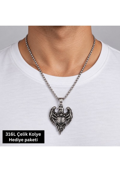 316l Çelik Erkek Kolye Kartal Ve Kalkan Figürlü 70 Cm Zincirli Güçlü Tasarım Altın - Gümüş
