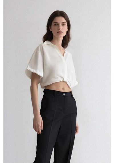 Defacto Cropped Fit Gömlek Yaka Keten Görünümlü Kısa Kollu Bluz C7799ax25spwt32 Beyaz