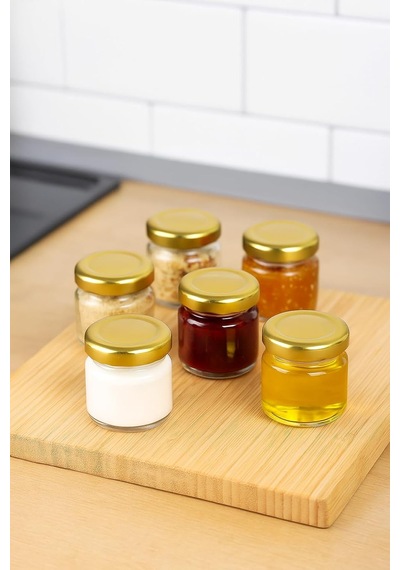 6 Adet 40 Ml Gold Metal Kapaklı Şeffaf Numune Mama Ek Gıda Şekerleme Reçellik Küçük Cam Kavanoz
