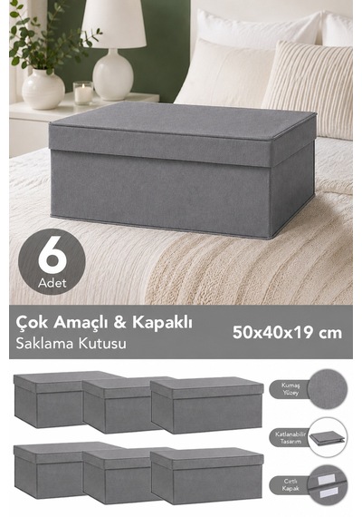 6'lı Organizer Baza Hurç Seti - Çok Amaçlı Kapaklı Saklama Kutusu 50x40x19cm Antrasit