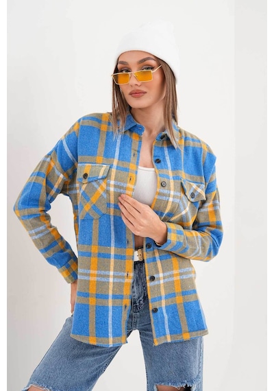 Polologin Butik Kadın Oduncu Mavi Sarı Çizgili Cepli Spor Kesim Gömlek Mavi