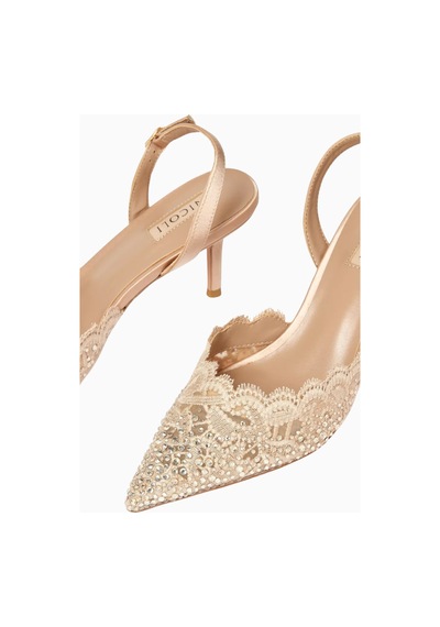 Nicoli Rimini 70 Dantelli Slingback Topuklu, Kristal Taşlı, Sivri Burun, Lüks El Işçiliği Tasarım Pembe