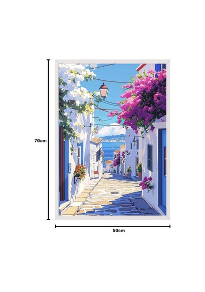 Zestia Beyaz Çerçeveli Tablo, Yunan Adası Sokak Manzarası, Balkon Dekoru Poster No: 111245 50 X 70