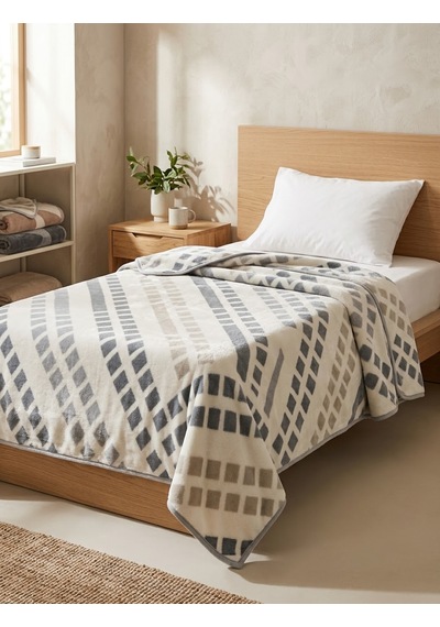 Padişah Tek Kişilik Peluş Battaniye Geometrik Desenli Gri Krem Wellsoft 155x215 Cm Çok Renkli