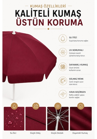 Bordo 200 Cm Çap/10 Telli Plaj Şemsiyesi + Şemsiye Kılıfı, Bidonsuz