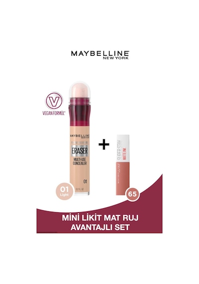 Maybelline New York Instant Eraser Kapatıcı 01 Light & Mini Super Stay Matte Ink Likit Mat Ruj 65 Seductress 2.7ml pktiar01mnmtink-9398 01 Light