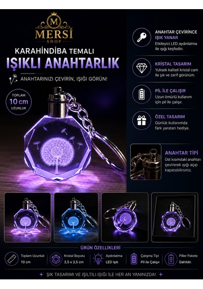 Karahindiba Tasarımlı Işıklı Kristal Anahtarlık Renk Değiştiren Led Anahtarlık Şeffaf