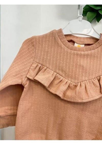 Zekids Kız Çocuk Pamuklu Fırfır Detaylı Taytlı Takım-14295 Kahverengi