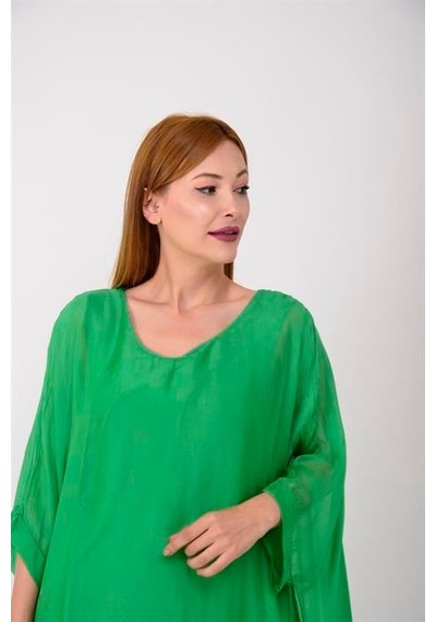 Bohem Stil İtalyan Yarasa Kollu İpek Bluz Yeşil