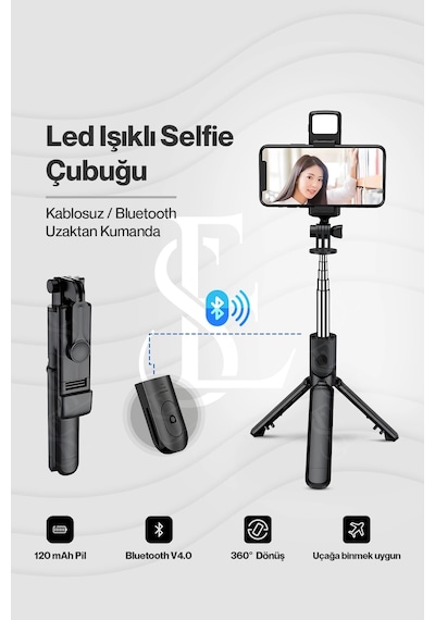 Led Işıklı Selfie Çubuğu Bluetooth Kumandalı Kablosuz Tripot Selfie Monopod Selfie Stick Siyah Lisinya
