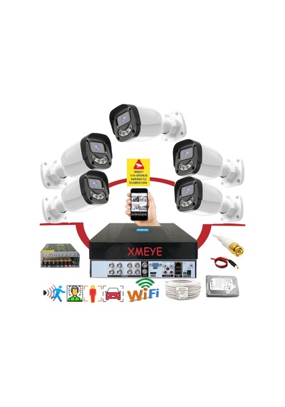 5 Li Araç Yüz Ve İnsan Tanımalı Hareket Algılayan 5 Mp Lens 4 Warm Led Gece Renkli Gösteren Güvenlik Kamera Seti Bs2304w