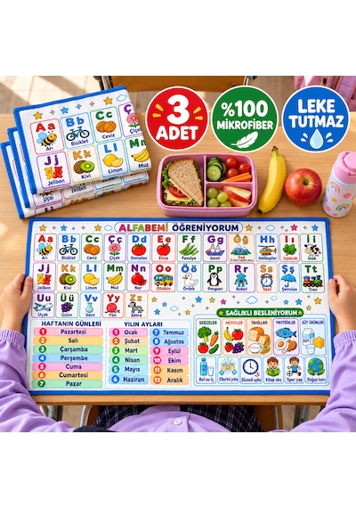 3'lü Eğitici Baskılı Beslenme Örtüsü Seti 30 X 50 Cm, Okul Ve Anaokulu İçin, Yıkanabilir Ve Leke Tutmaz Cok Renkli