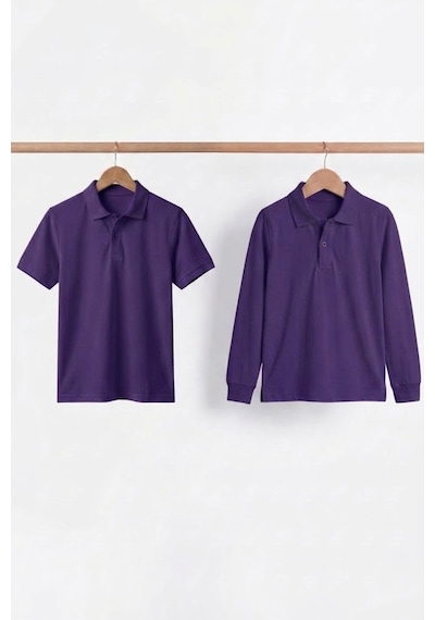 Nacar Store Unisex Çocuk Uzun Ve Kısa Kollu Polo Yaka Okul Tişörtü 2'li Set Mor