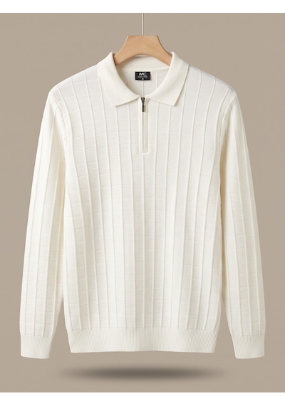 Maccali Erkek Beyaz Fitil Detaylı Fermuarlı Polo Yaka Triko Sweatshirt