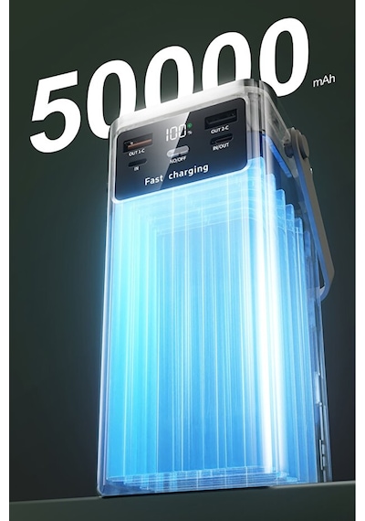 50.000 Mah Outdoor Led Işıklı Hızlı Şarj Powerbank Usb-c & Çoklu Cihaz Desteği Siyah