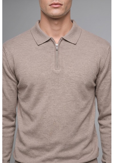 Defacto Standart Fit Yarım Fermuarlı Polo Yaka Triko Basic Kazak H7595ax26aubg766 Bej-bg766