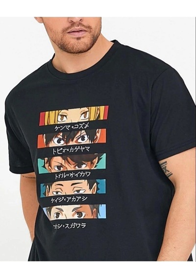 Startmore Erkek Siyah Anime Baskılı Oversize Bisiklet Yaka Tişört Siyah