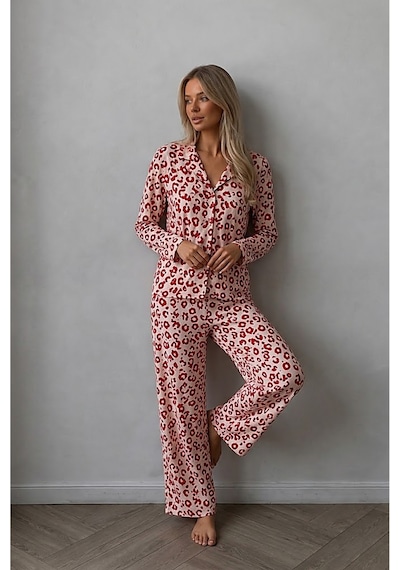 Fit Women Kadın Düğmeli Uzun Uyku Ve Kırmızı Pijama Takımı
