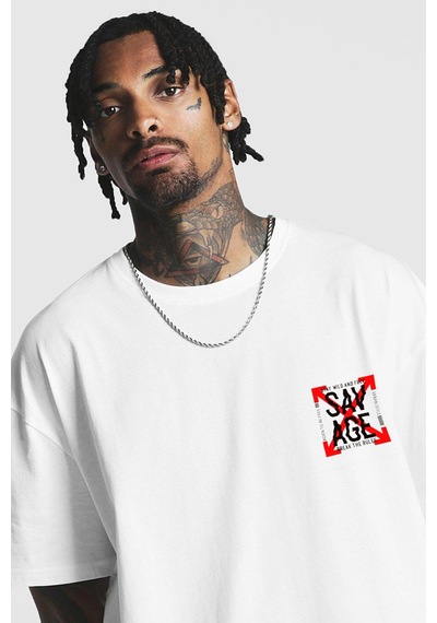 Flood Of Style Erkek Beyaz Oversize Savage Baskılı T-shirt