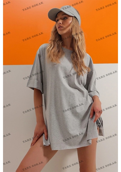 Startmore Kadın Beyaz Bisiklet Yaka Duble Kol Oversize Pamuklu Basic T-shirt Siyah