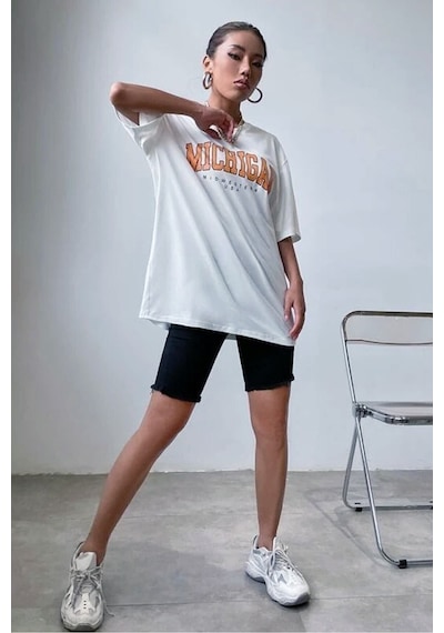 Blackjack Giyim Blackjackgiyim Kadın Beyaz Oversize Michigan Baskılı Tshirt Beyaz