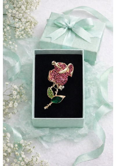 Kırmızı Gül Broş Şık Tasarım Taşlı Rose Brooch Hediye Kutulu Kadın Aksesuar Renkli