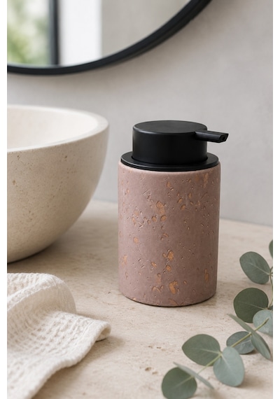 Terra Stoneware Traverten Dokulu Siyah Pompalı Dekoratif Sıvı Sabunluk 500 Ml , 13 X 7.5 Cm Koyu Pembe