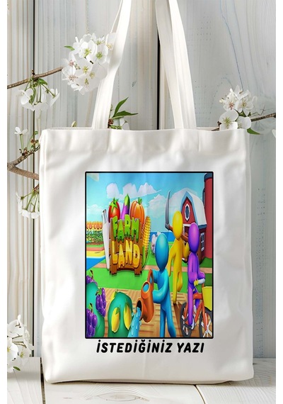 Art Hediye Farm Land Mobil Oyun Baskılı Bez Çanta Omuz Çantası Çift Tafaflı Baskı Kişiye Özel 2 Çok Renkli