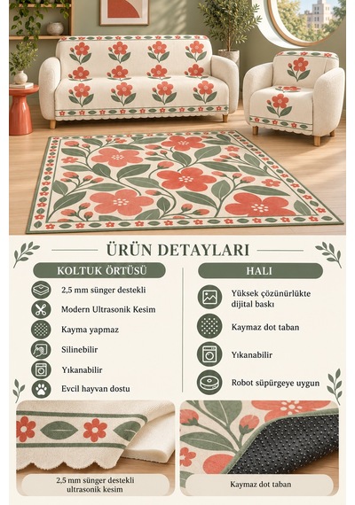 3 Lü Set 2 Adet 165x215 Cm Koltuk Örtüsü + 1 Adet 6m2 180x280 Cm Kaymaz Taban Dijital Baskılı Halı Kırmızı