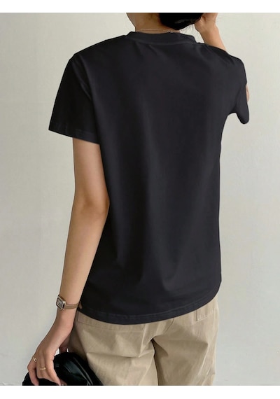 Kadın Kısa Kollu Çizgi Detaylı Basic Tişört Süprem Kumaş Yazlık Rahat T-shirt Siyah