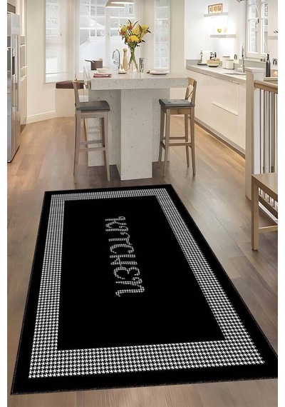 Siyah Kaymaz Taban Kitchen Yazan Mutfak Halısı Yolluk Vh104n11