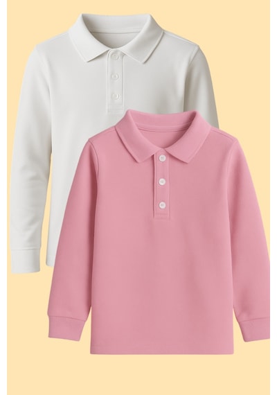 Esila Kids Çocuk Tişört 2'li Uzun Kollu Polo Yaka Tişört Seti - Pamuklu Okul Üniforma - 5-14 Yaş Pembe Ve Beyaz