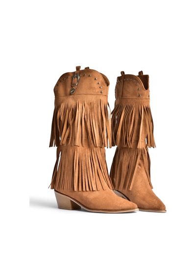 Fox Shoes Z726107102 Taba Süet Kalın Topuklu Püsküllü Kadın Çizme