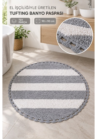 Alanur Bodrum Tufting Cotton Pamuklu El Işi Örgülü 90 X 90 Cm Paspas 112 Beyaz - Gri